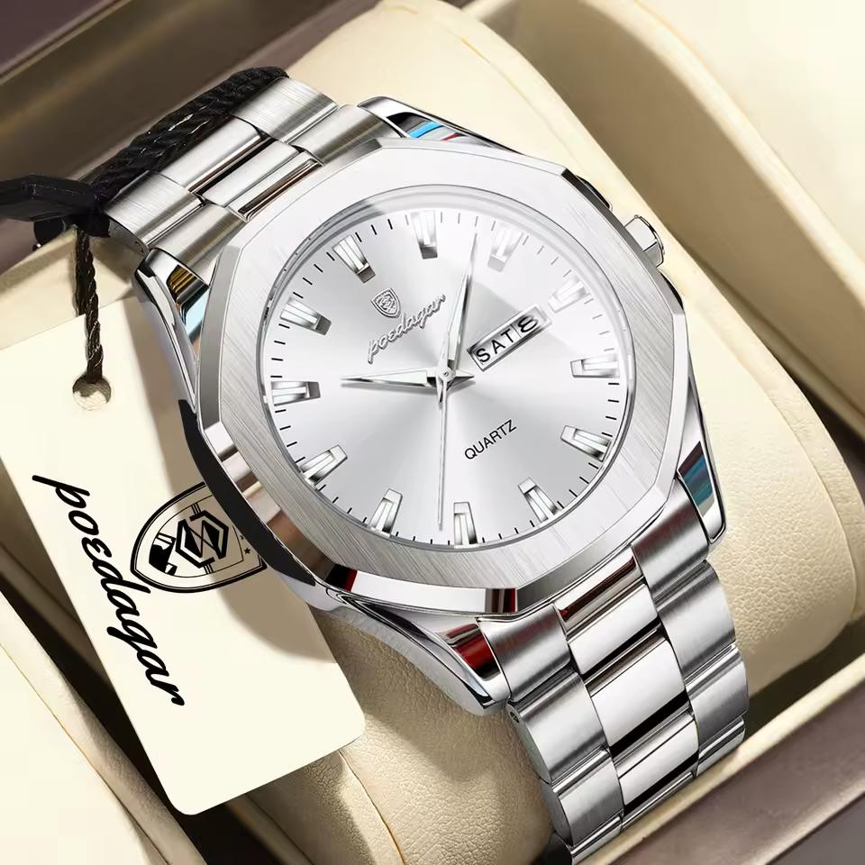 POEDAGAR Luxury Men Wristwatch Waterproof Luminous Week Date Casual Clock Stainless Steel Quartz Fashion Watches Reloj
