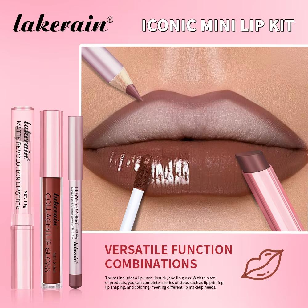 3-teiliges Lippen-Make-up-Set Lipliner Lipgloss Lippenstift Spiegeleffekt Beep Lips Hohe Farbe Lang anhaltend Spendet Feuchtigkeit Reise-Mini-Set