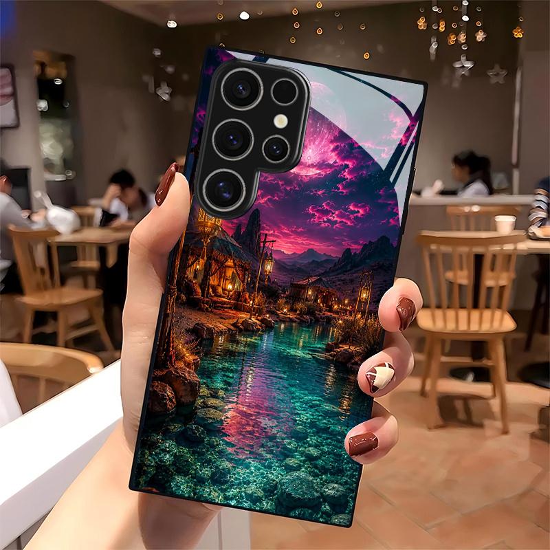 Pink Moon Oasis Pattern 2D Phone Case for Samsung S26 S25 S24 S23 S22 S21 S20 A56 A36 A16 - Glass Protective Cover