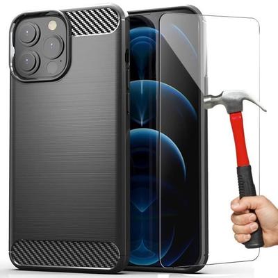 Case for iPhone 12 Pro - BRAND - Carbon Fiber - Flexible - Protection - 2 Tempered Glasses