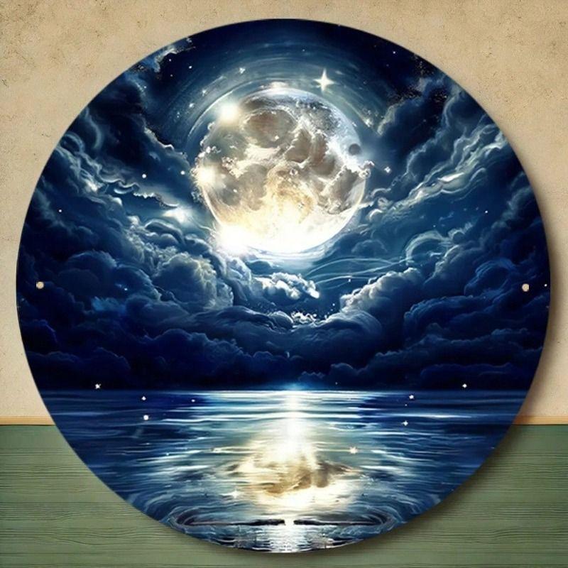 

Metal Wall Art Moonlight Ocean Round 2D Anti Vandal for Home Decor