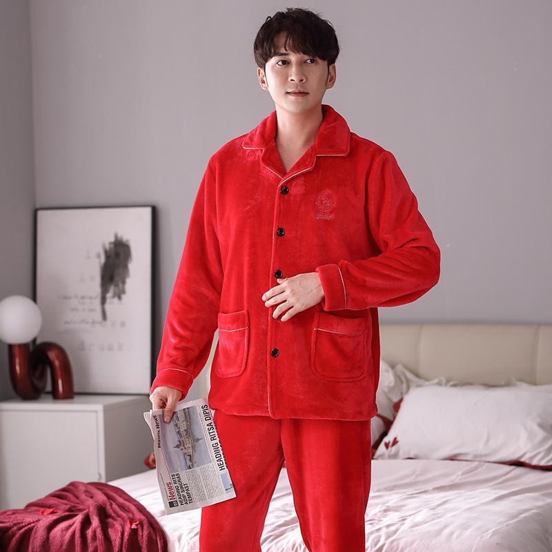Pajamas Men'S Autumn And Winter Coral Fleece Thickened Men'S Big Red Natal Year Flannel Wedding Loungewear