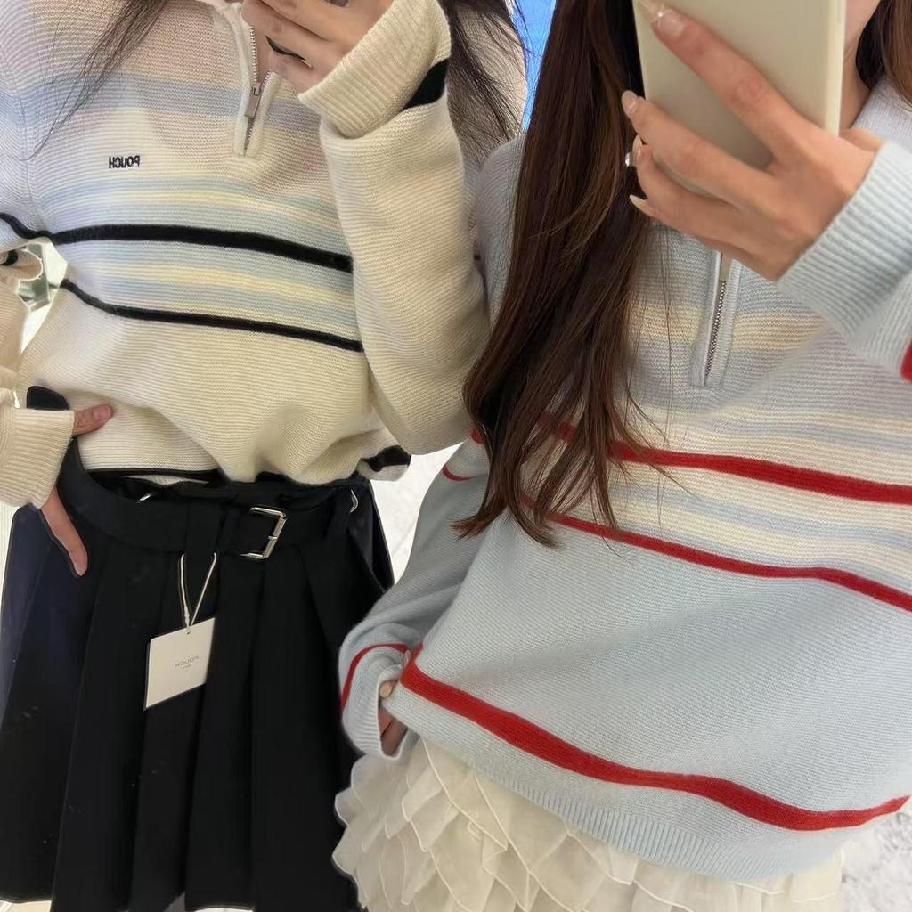 Women's Autumn/Winter 2025 Striped Polo Neck Zipper Knitwear