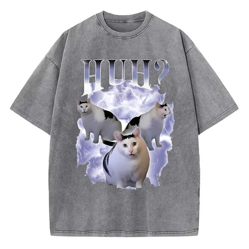 Funny T Shirt Vintage Washed Cotton T-Shirt Cat Saying Huh? Meme Graphic Tee Casual Streetwear for Spring Summer Fall