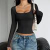 Spring Autumn Square Collar Solid Color Slim T-shirt Women Long Sleeve Y2K Elastic Bottomed Tee Pullover Top