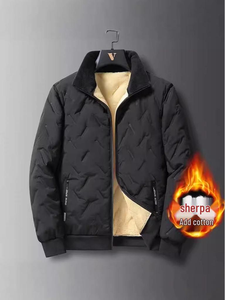 Men's Windproof Lambskin Cotton Winter Coat with Velvet, Thick, Loose Fit, Stand Collar, Large Size.