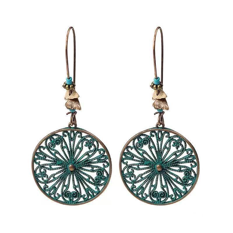 European and American bohemian style hollow pattern round brand earrings, retro bronze turquoise beaded women's earrings