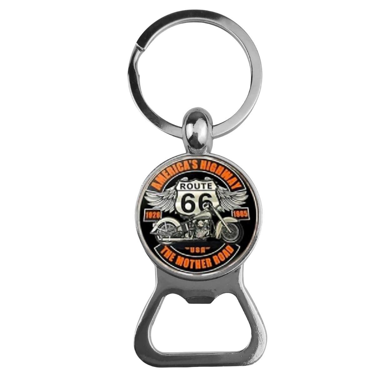 Route 66 Bottle Opener Keychain: Stylish Zinc Alloy Keyring with Round Glass винтажный