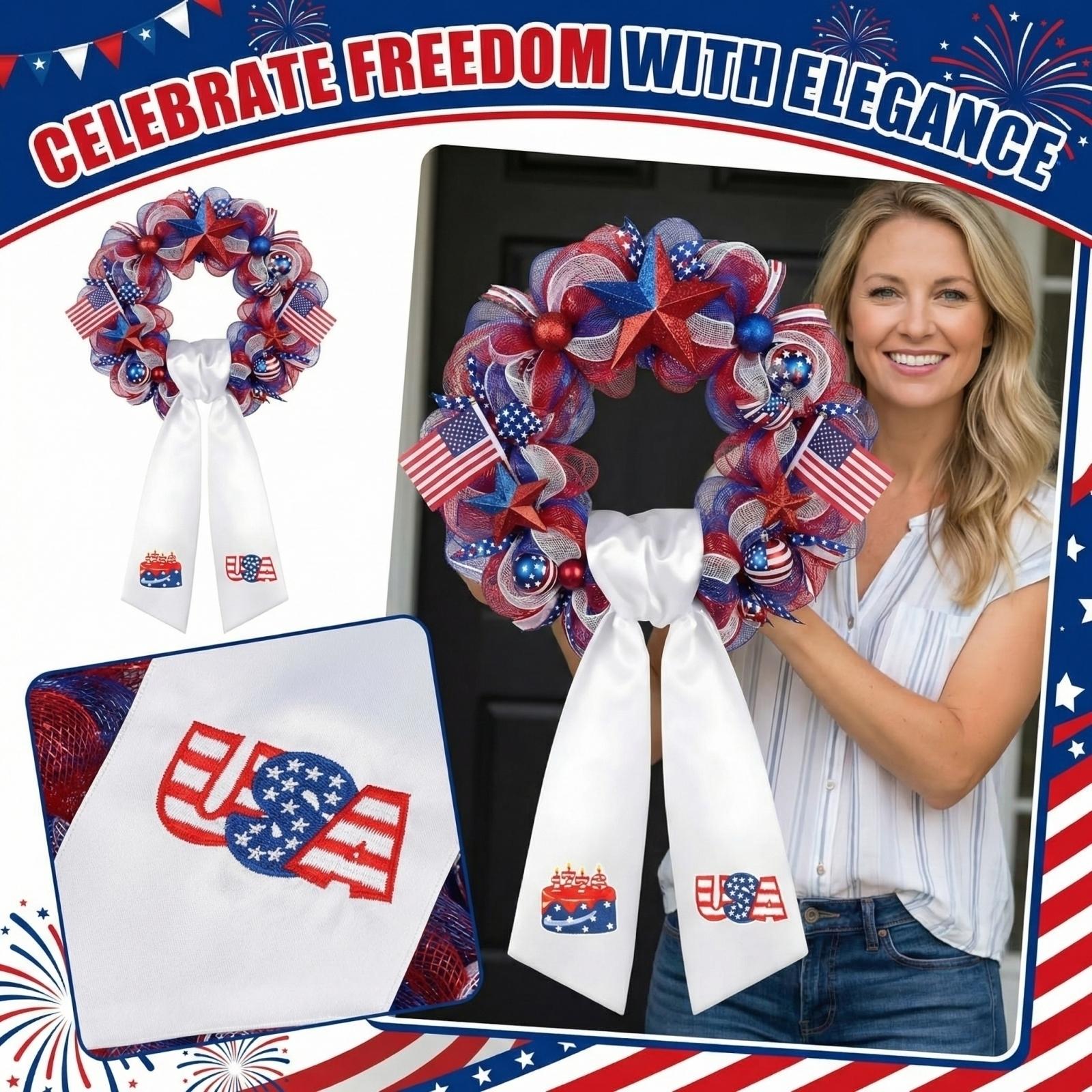 

Satin Ribbon Bow Scarf with Printed USA and Fireworks Designs for Holiday Decoration and Crafting Projects Suitable for Various Celebrations One Size