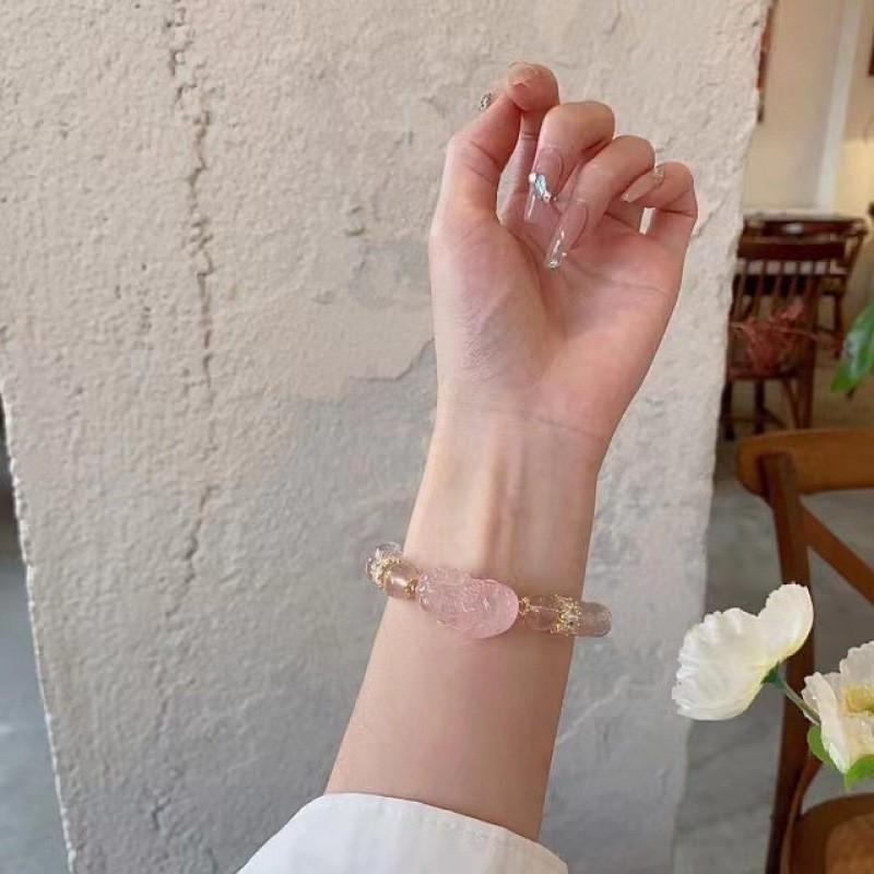 Handmade Pink Quartz Bracelet Women With Pixiu Charm Natural Rose Crystal Beaded Wristband Sweet Style