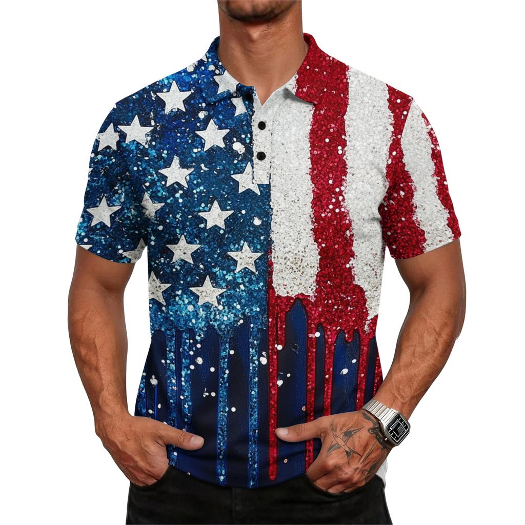 Men's Casual Loose Fit Short Sleeve Polo Shirt with Mixed Pattern Design Flag Stripes and Dots Print Lightweight Comfortable Top