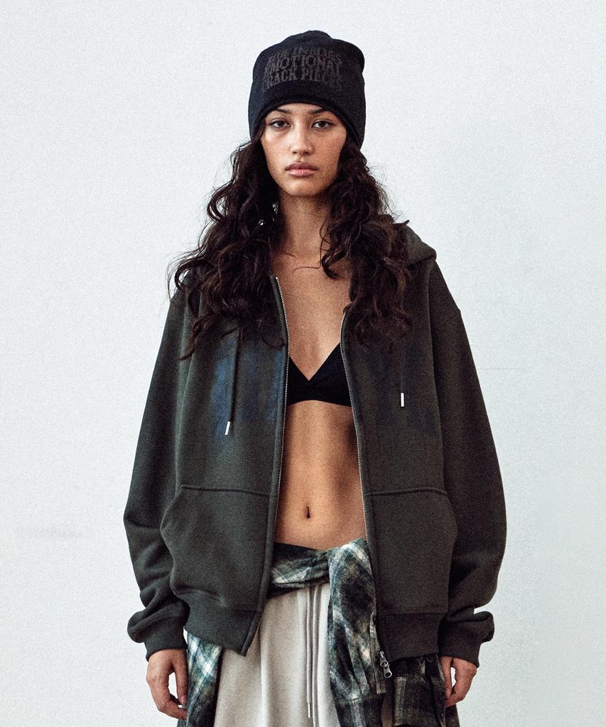 Thevinylhouse Graphic Hoodie Zip-Up Khaki