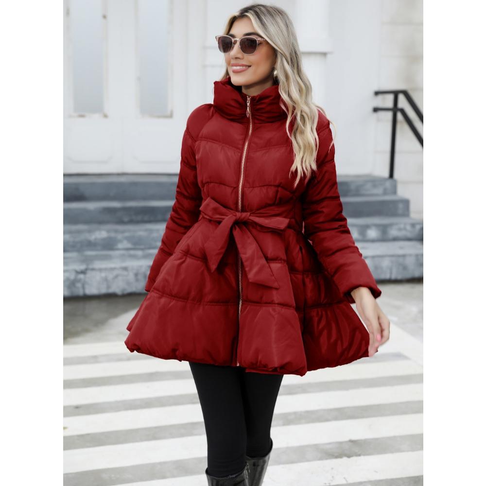 2025 Winter Women's Quilted Trench Coat, Stand Collar Slim Fit Cotton Coat with A-Line Hem, Thick Waist-Defining Parka for Cold Weather