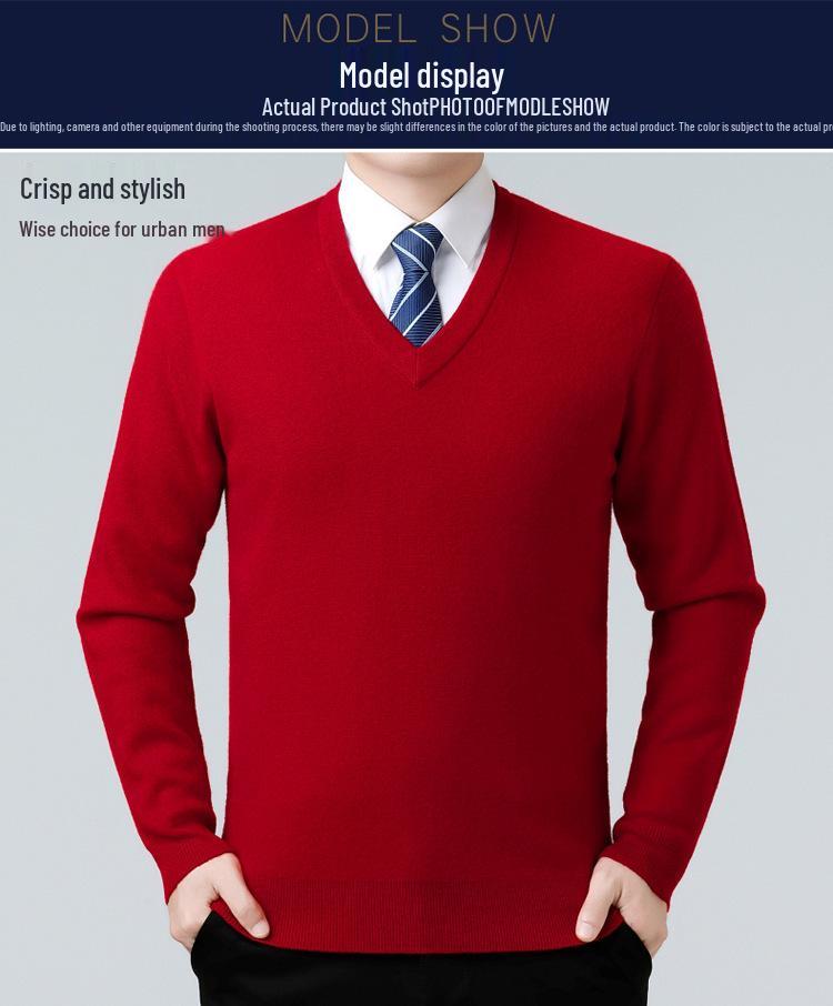 Men's Versatile V-Neck Cashmere Sweater: Warm Autumn/Winter Knit for Middle-Aged & Young Adults