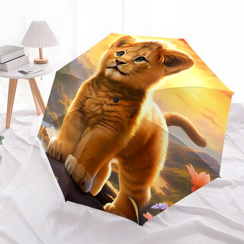 1pc Lion Landscape Automatic Umbrella - Stylish, Durable, with 8-Rib Manual Open Design, Elegant Black Handleyy250920183