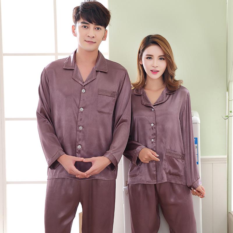 Spring-Summer Silk Couple's Pajama Set: Embroidered Long Sleeve Top & Pants for Men & Women