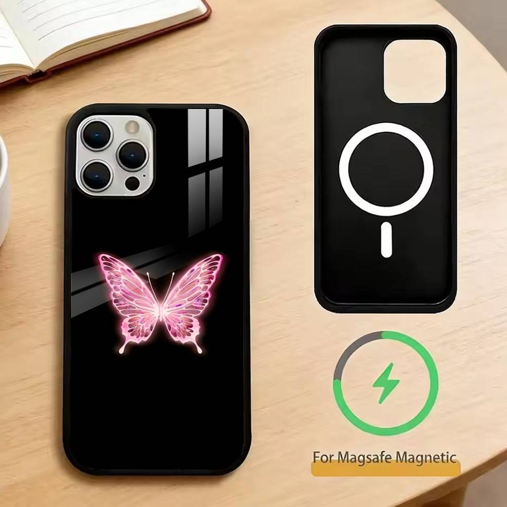 Fluorescent Butterfly Phone Case For iPhone17,16,15,14,13,12,11 Plus,Pro Magnetic with Magsafe Wireless Charging