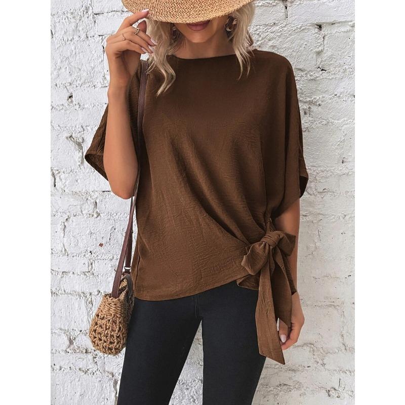 Damen Sommer T-Shirt Einfarbig Fledermausärmel Saum Knoten Lose Kurzarm Top