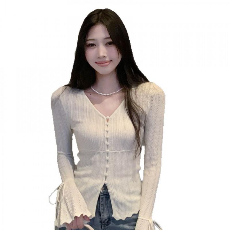 Cardigan en maille pour femme à col en V et manches cloche, haut léger à ouverture devant, pour la superposition en automne