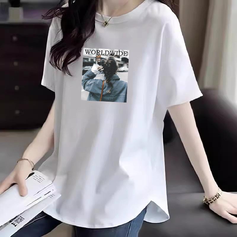 2025 Women's American Style Pure Cotton Loose Mid-Length Straight Shoulder Half Sleeve Summer T-Shirt