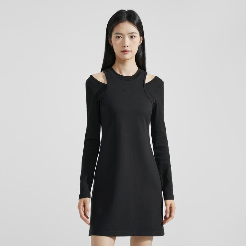 Calvin Klein Solid Color Embroidered Letter Off-Shoulder Long Sleeve Dress Women Dresses Space-Black J222324-BEH