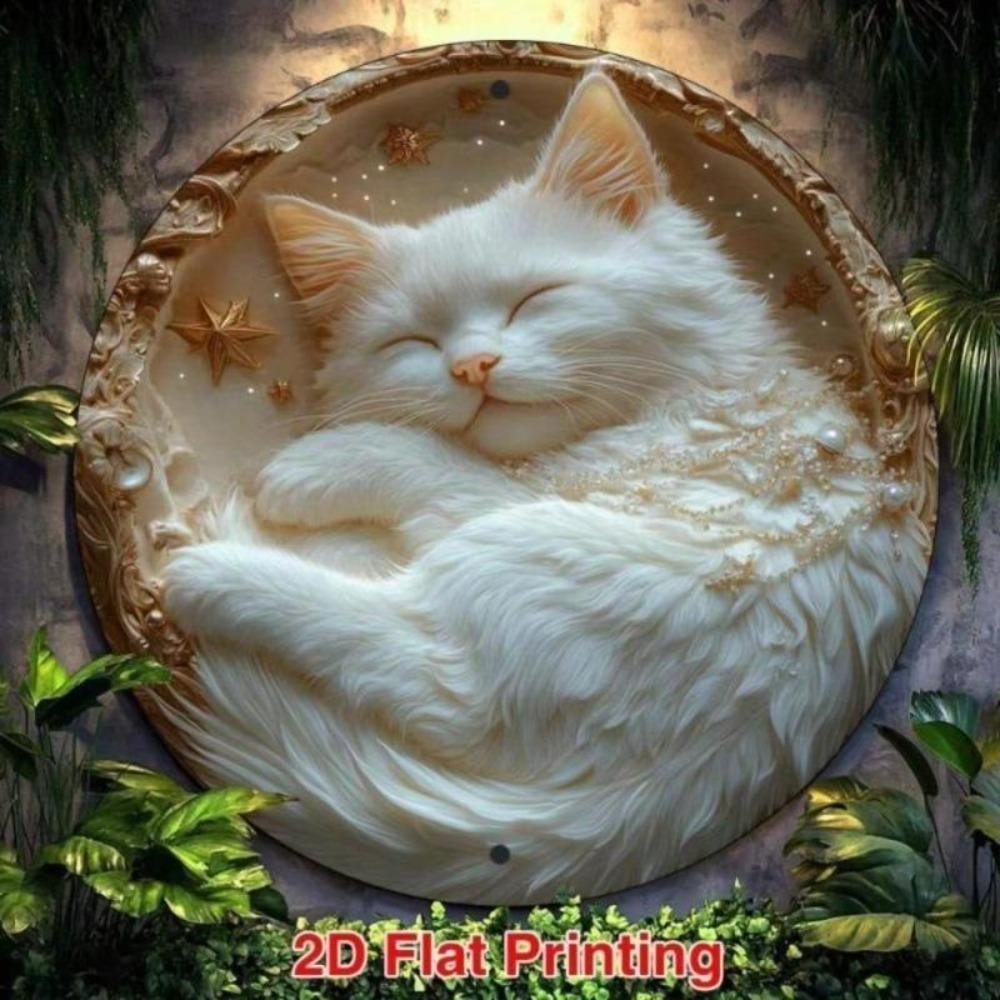Iron Wall Art Cat Design Round Metal Painting Waterproof Weatherproof Home Decor