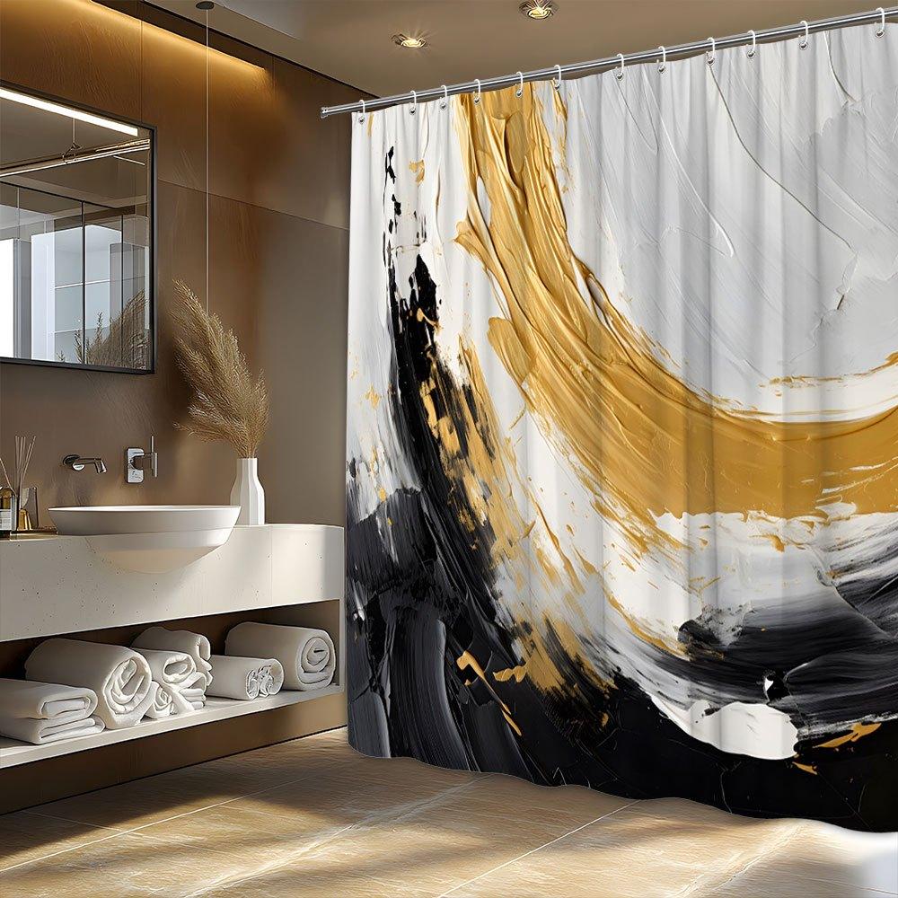 1pc Black & Gold Abstract Shower Curtain - Fluid Swirling Brushstrokes, Modern Elegant Design,Polyester, 70x70",Machine Washable