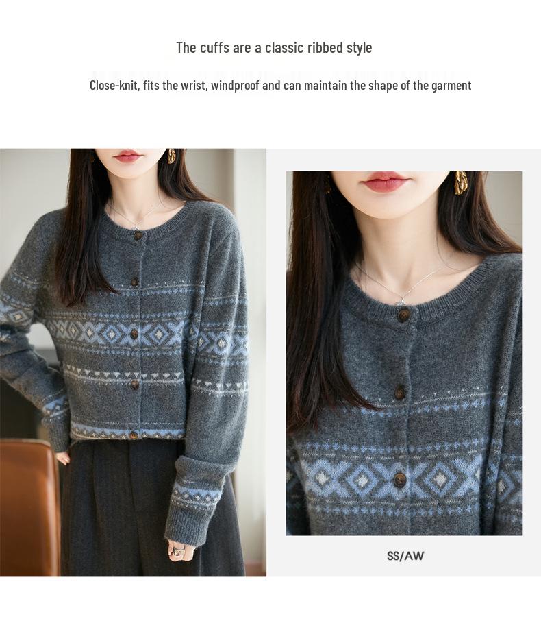 Women's French Retro Fair Isle Knit Cardigan: High-End, Versatile, Warm Sweater for Spring and Autumn