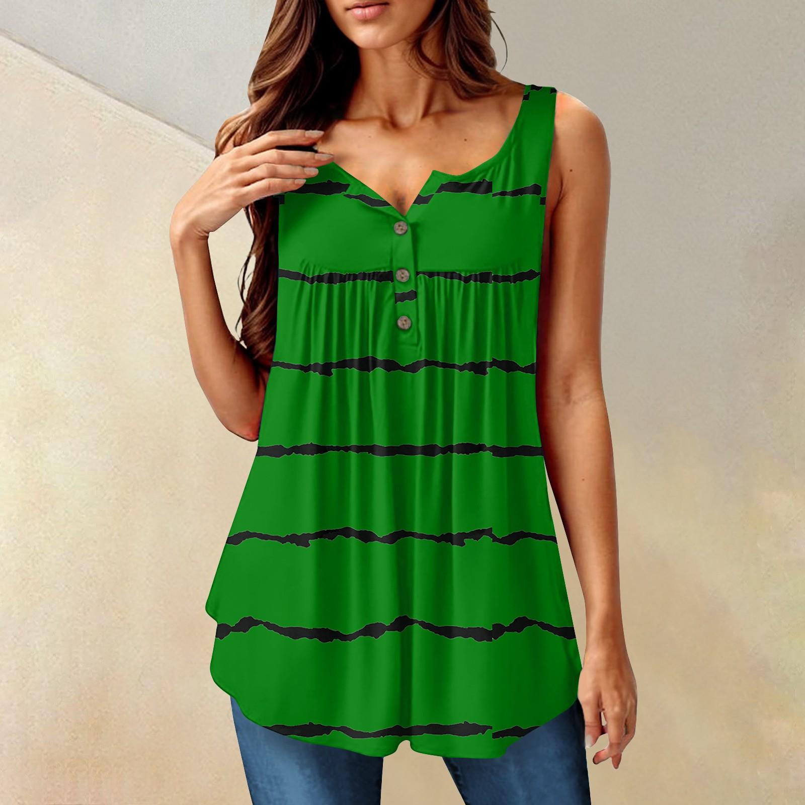 

Жіноча модна одноколірна плісирована повсякденна футболка без рукавів і жилет на ґудзиках XXXXXL зелений