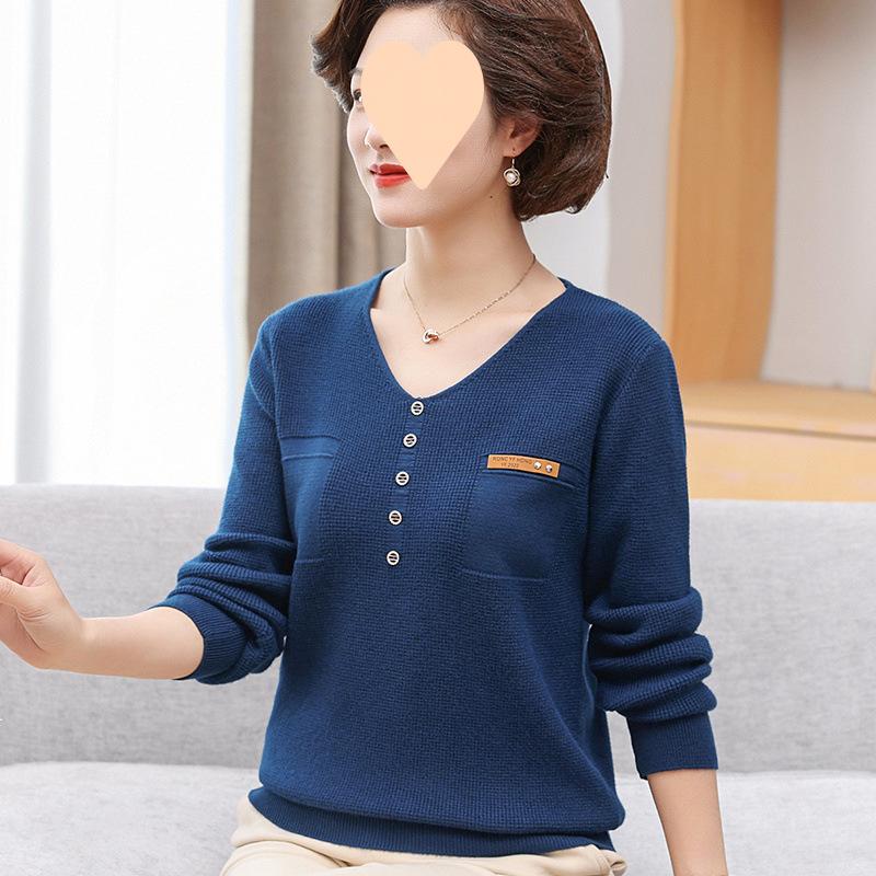 Thin Knit Sweater Women Fashion Collar Middle Age Ladies Long Sleeve Base Layer Top