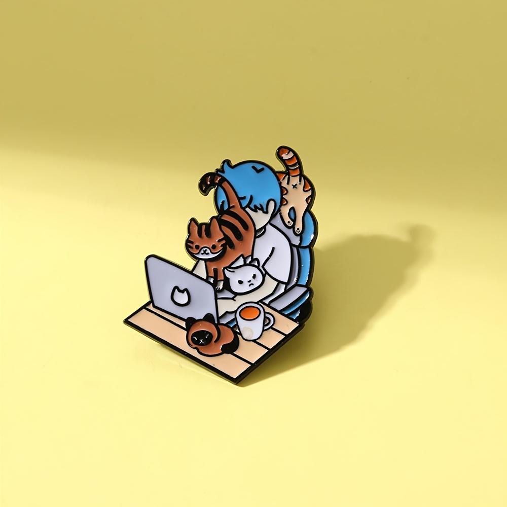 Cute Cat Elements Metal Badge - Everyday Style Enamel Buttons In Front of the Computer - Colorful Alloy Brooch for Clothing, Backpacks and Jeans