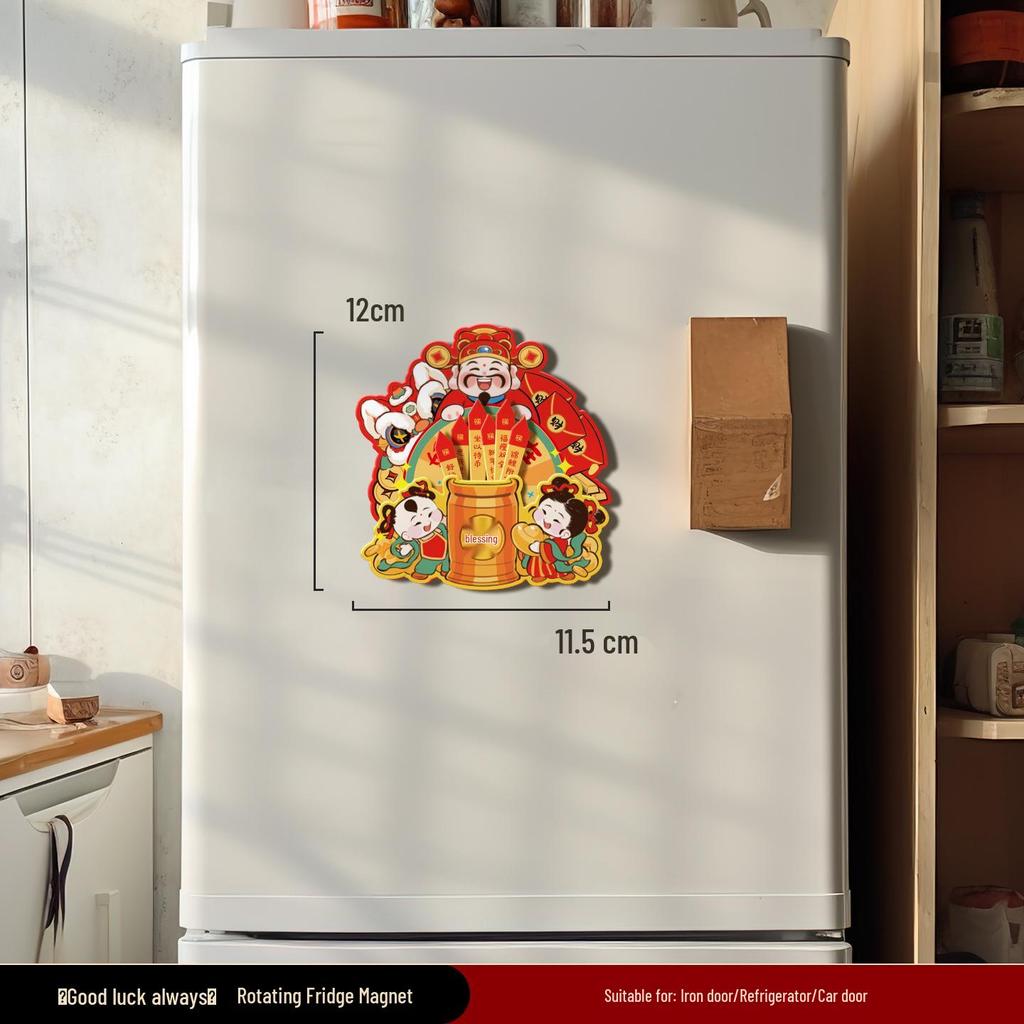 2026 Chinese Style God of Wealth Magnetic Rotating New Year Refrigerator Sticker Decoration