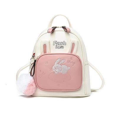 NICOLE & DORIS Cute Mini Backpack for Women, Embroidered Rabbit Design, Small, Waterproof, PU Leather Backpack with Pompoms, Anti-Theft, Back Pocket,