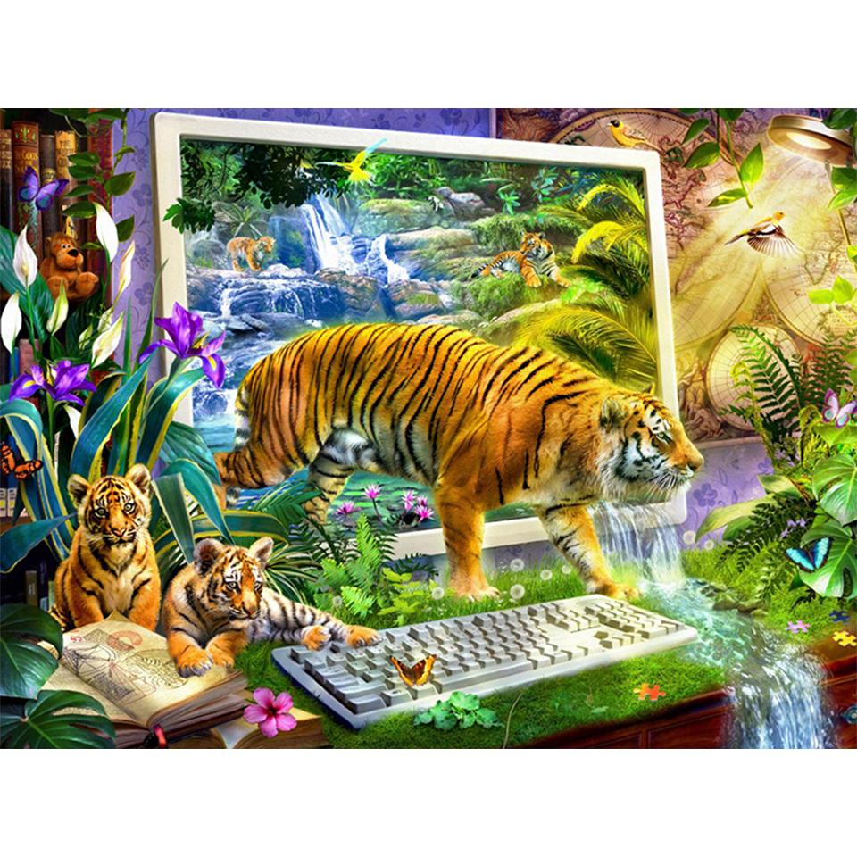 5D DIY diamantová malba Zvířecí obrázek Kulatý tygr Diamantové vyšívání Štrasová mozaika Domácí dekorace Dárek