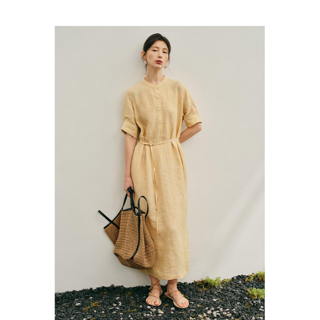 

Women s New Arrival Retro Chinese-Style Linen Dress - Round Neck, Short Sleeve, Long Skirt Large жёлтый/лакричная конфета