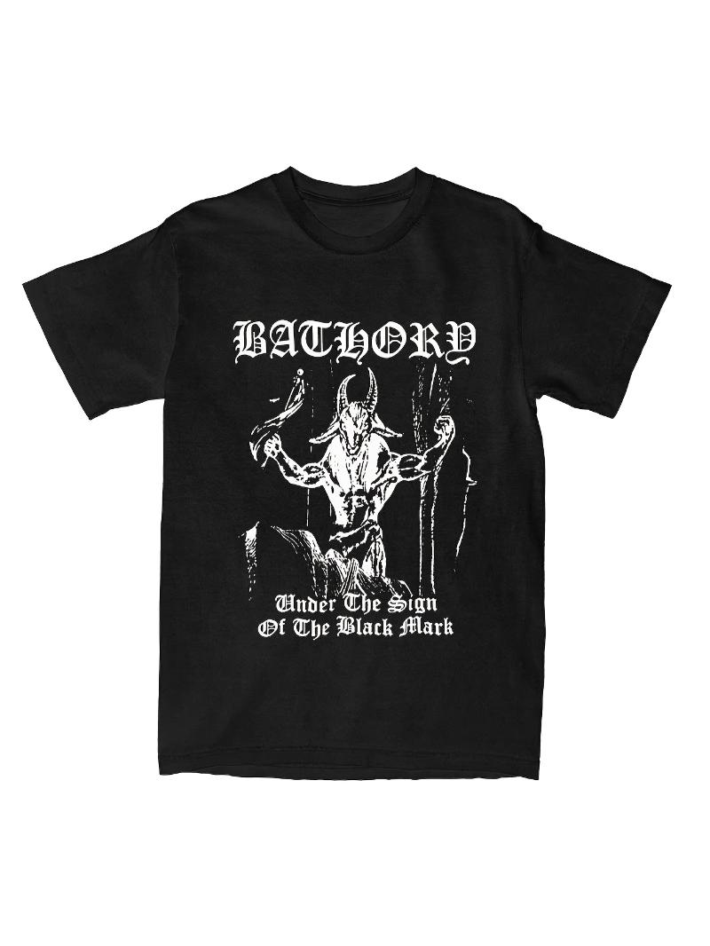 

Bathory Band Pattern Tshirt Black Neutral Shirt Featuring Skull and Cross Bone Design Black Mark Print 4XL