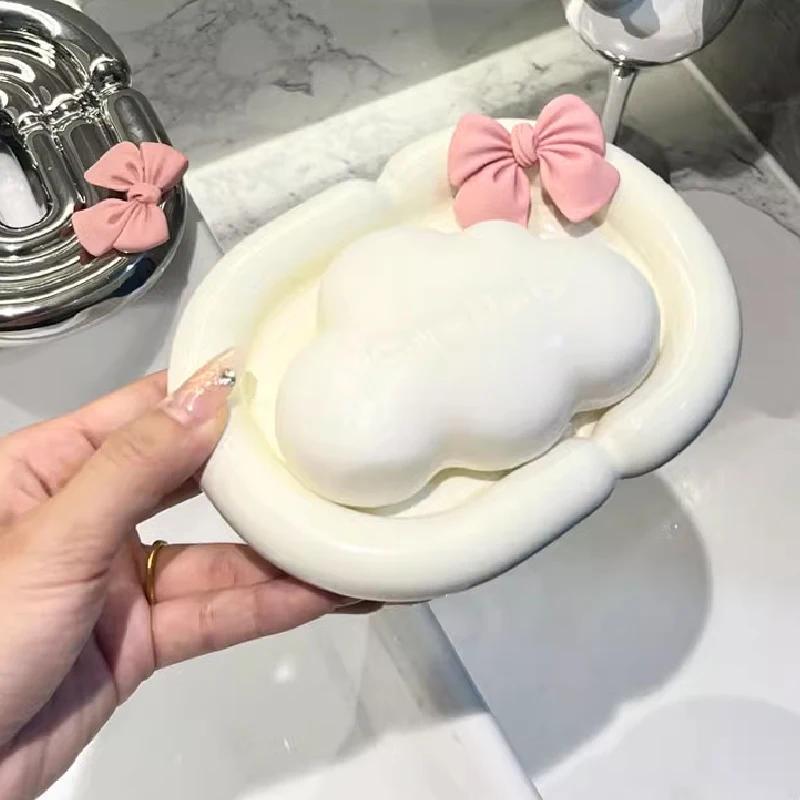 Bow Ceramic Soap Box Elliptical Drain Soap Box Creative Household Soap Dish Rack Storage Box Bathroom Decoration Accessories