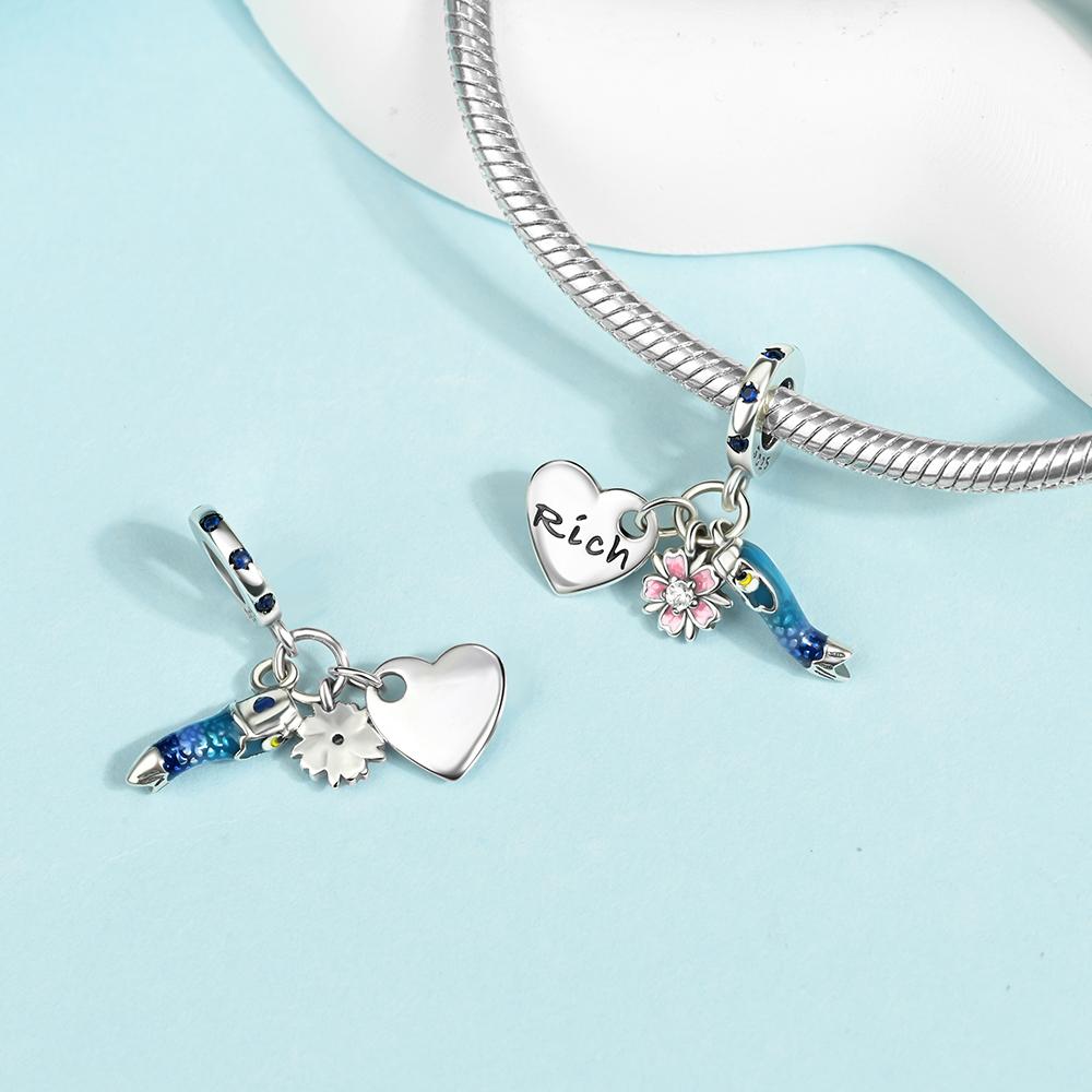 Plata 925 Colgante Amuletos Flor de Cerezo Rosa Esmaltado 3D Decoración Flor Azul Pulsera de Cuentas Joyería Artesanal Detallada Regalo