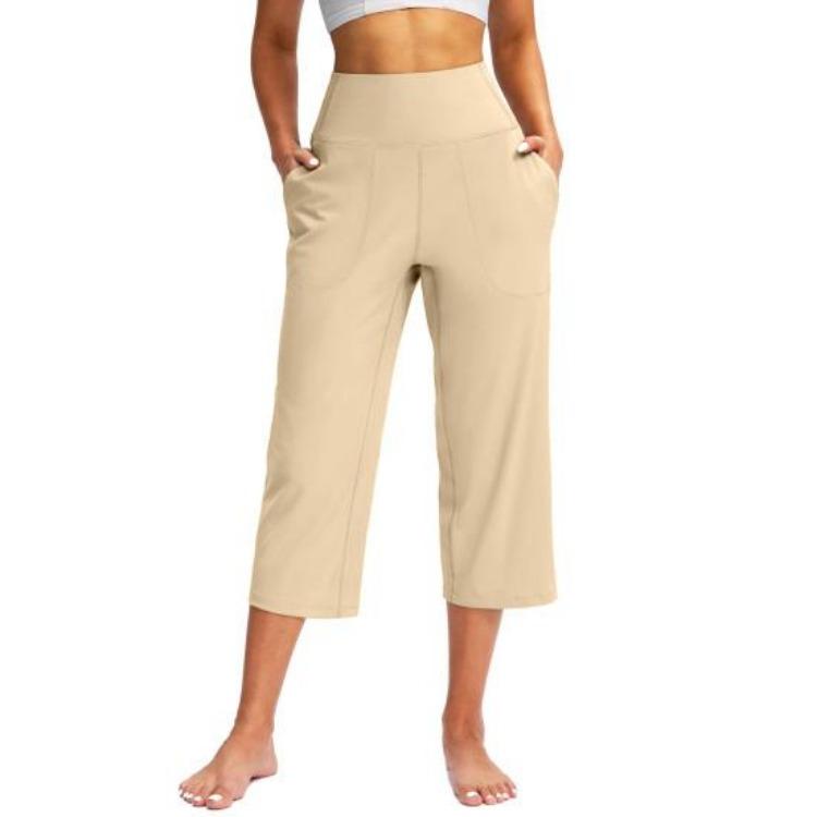 

Women High Waist Yoga Pants Elastic Loose Leg Cropped Trousers Sporty Casual Style with Pockets S абрикосовый