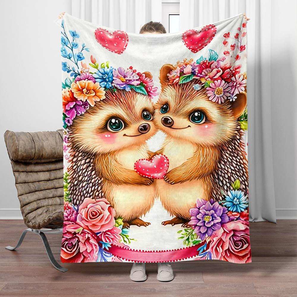 Cute hedgehogs couple floral crown heart romantic design flannel blanket soft cozy gift for lovers Valentine's Day home decor
