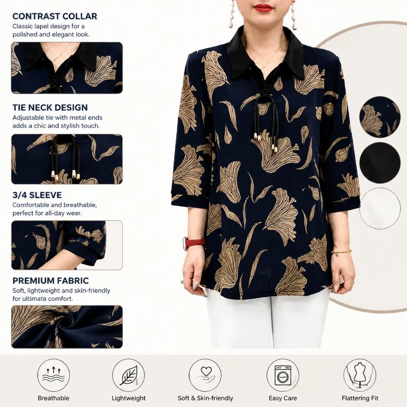 Camiseta de Gola Camisa Solta Plus Size para Mães de Meia-Idade e Idosas Feminina Nova de Verão Estampada Emagrecedora Manga Três Quartos