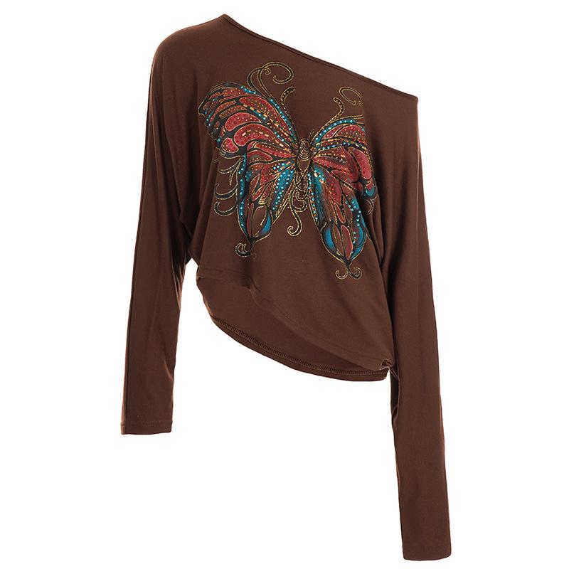 Retro Butterfly Print Off-Shoulder Rhinestone Top for Women Small коричневый