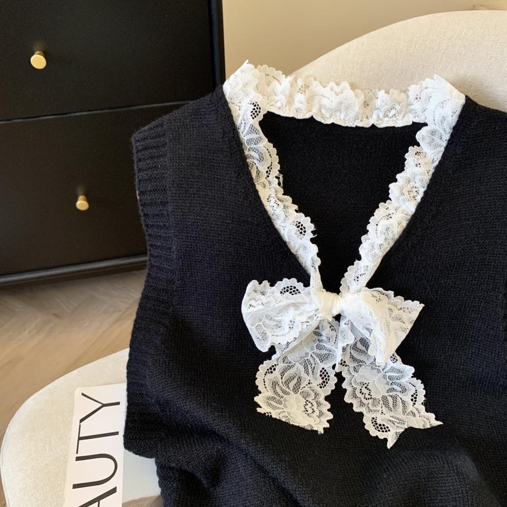 Women's Korean Style Slimming French Lace Bow Knit Pullover Vest - Spring 2026 Top