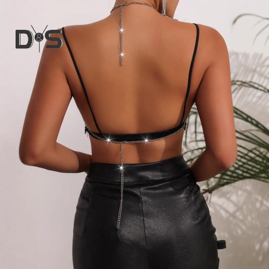 Sexy Halter Top Bez rukávů Bez zad Krátký top Dutá rybí síť Lesklé vsazené kamínky Perspektivní top s krčním páskem