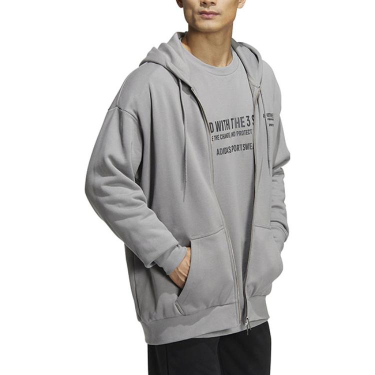 Adidas Letter Print Drawstring Hoodie with Long Sleeves Men Outerwear Light-Grey HZ7027