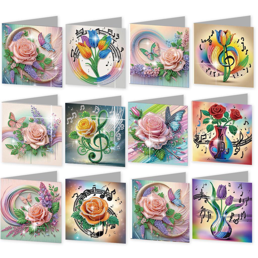 12 Packs Flower Animal DIY Diamond Art Painting Greeting Cards with Envelopes for Beginner Adult Birthday Holiday Blessing