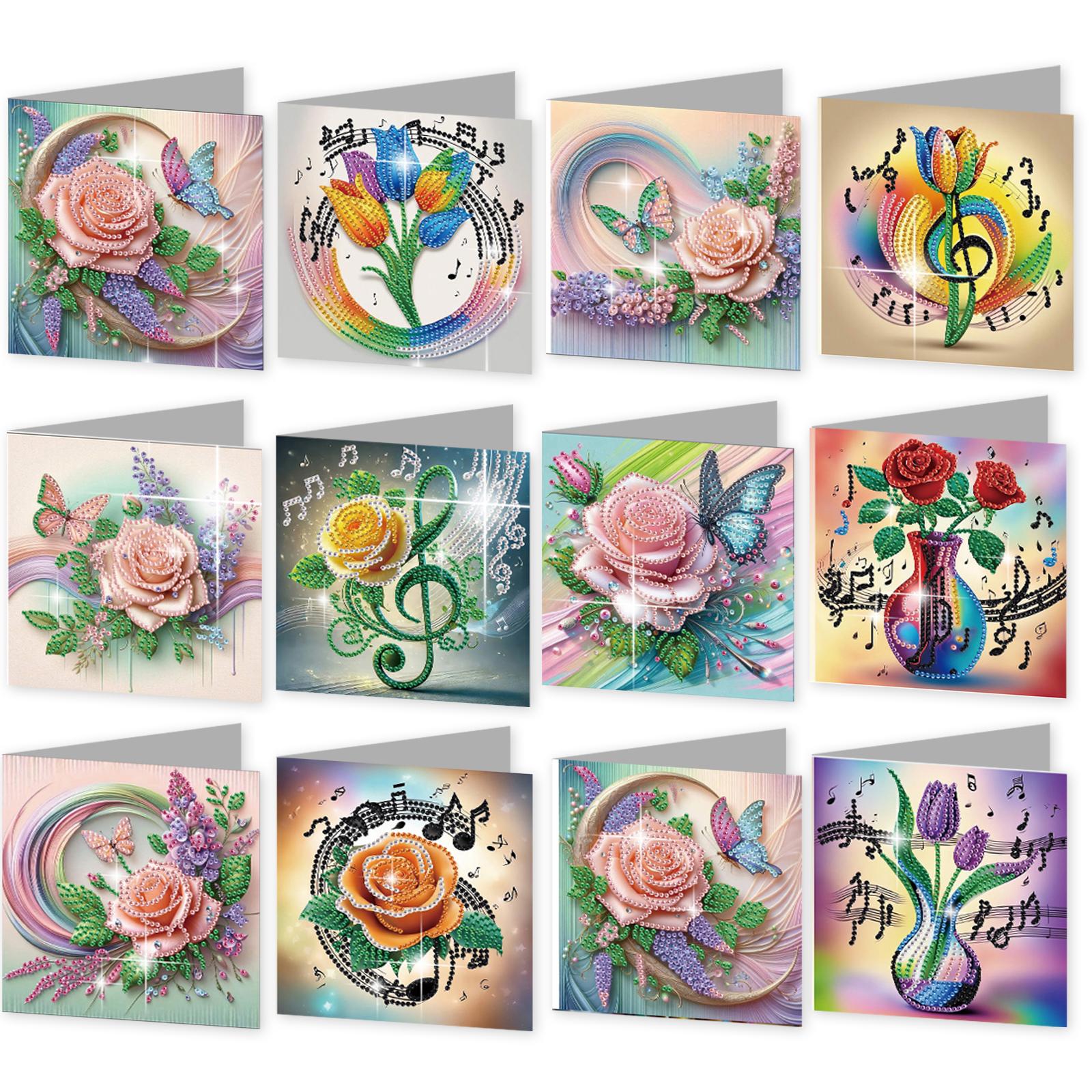 

12 Packs Flower Animal DIY Diamond Painting Greeting Card Kit with Envelopes for Christmas Birthday Thanksgiving Day Holiday