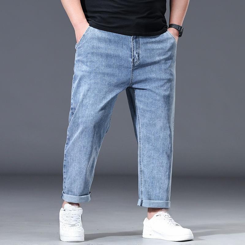 

Весна/Лето Мужские укороченные джинсы прямого кроя больших размеров Легкие эластичные брюки свободного кроя 40 синий