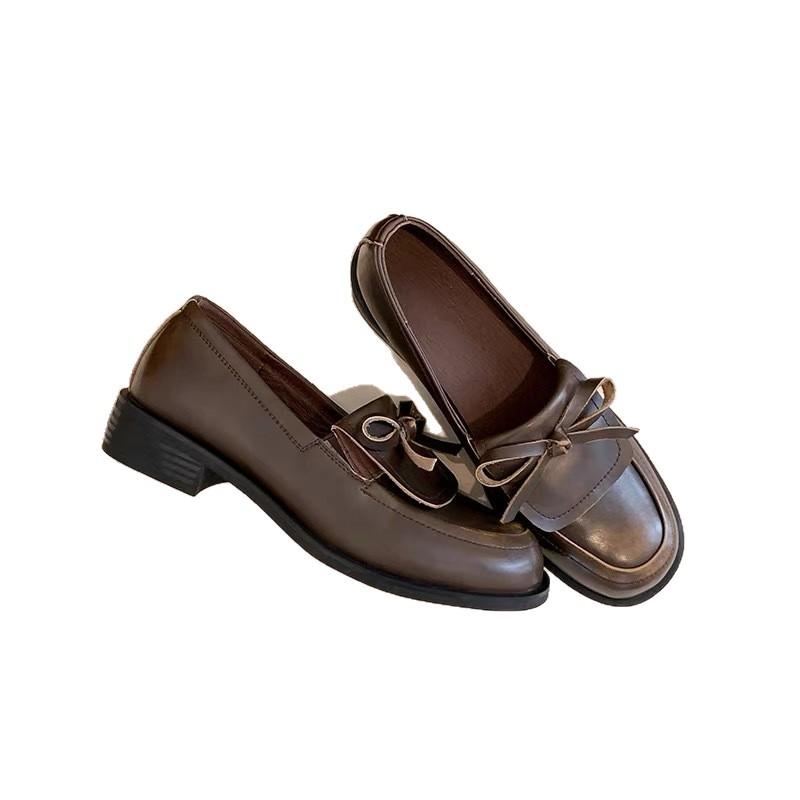 Cowhide Version~ Ballet Style Bow High Heel Small Leather Shoes Thick Heel Single Shoes Women's Platform Loafers British Style Women's Shoes