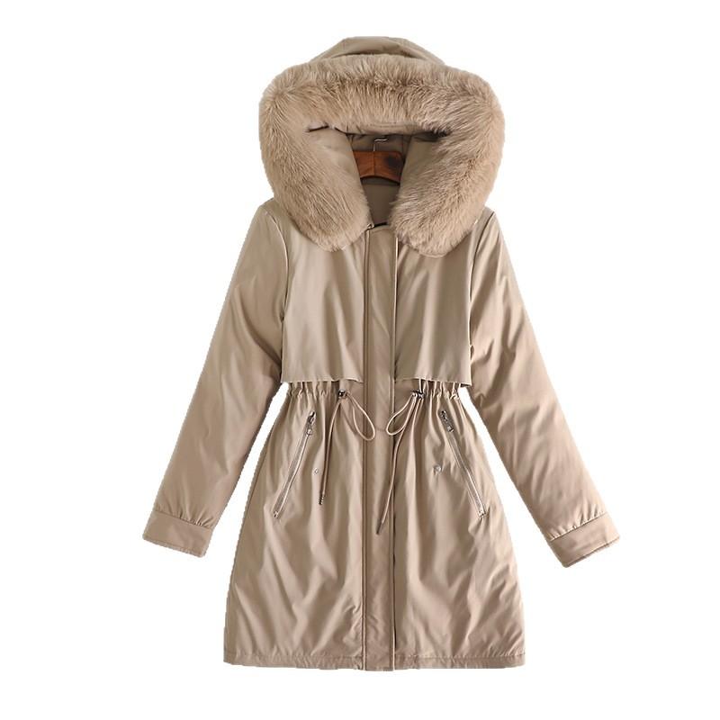 Medium and long pie overcomes women's winter new large fur collar cotton clothes, thickened warm waist jacket, fashionable cotton-padded clothes.